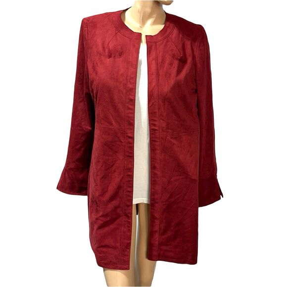 THE LIMITED Size 14 Faux Suede Open Front Duster Jacket Red Wine Burgundy NWT - Picture 1 of 9